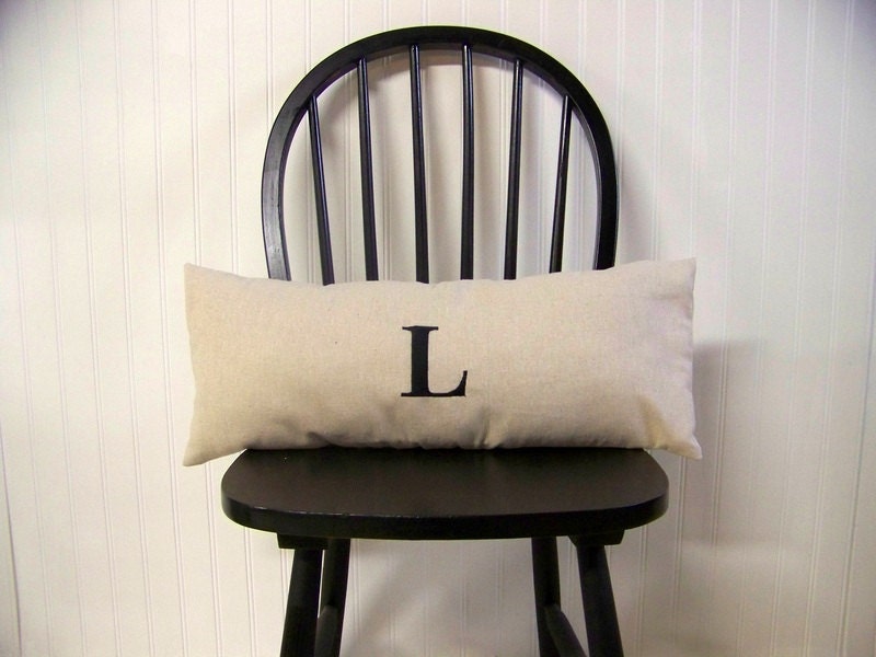 embroidered monogram lumbar pillow cover- personalized - customizable - black - 10 x 24 - linen