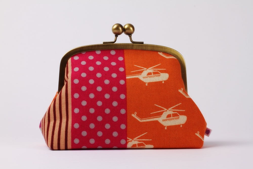 Travel pouch - Etsuko helicopters in flushia - metal frame clutch bag