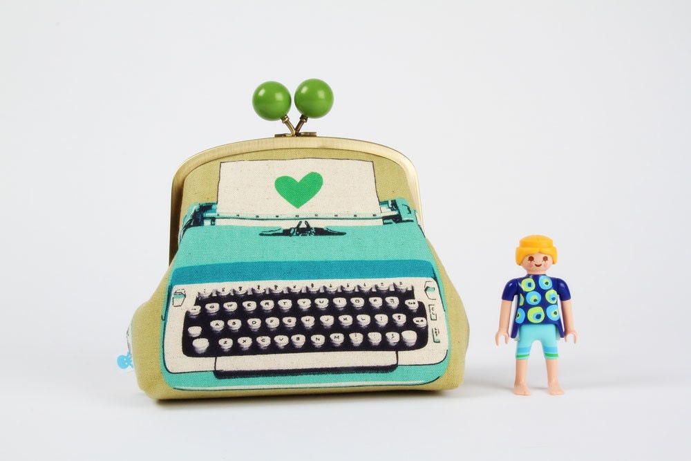 Color bobble pouch - Typewriters in blue and sage - metal frame pouch