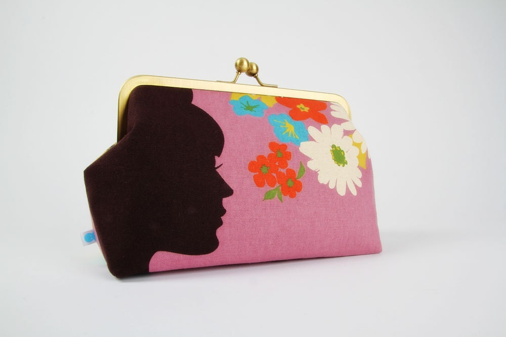 Cosmetic pouch - Girl's silhouette on purple - metal frame clutch bag