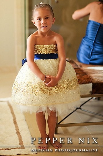 Gold Constellation Flower Girl Dress- Navy Blue Sash Example