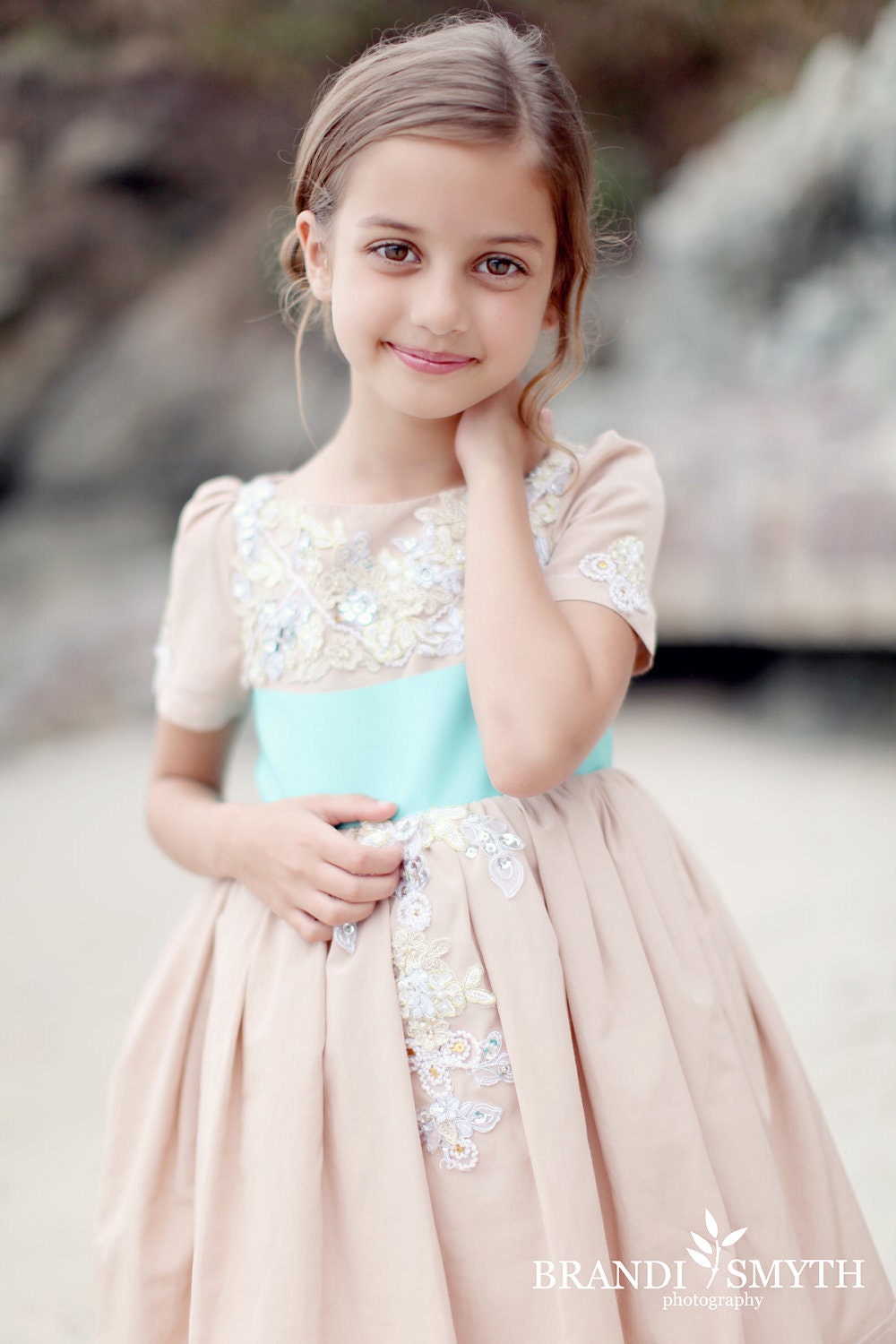 Fancy Moo Moo- Custom Flower Girl Dress Example (Seen here in Blush with Turquoise Sash)