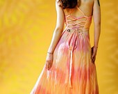 Peach and Pink Cotton Gauze Corset Back Sundress Halter Dress
