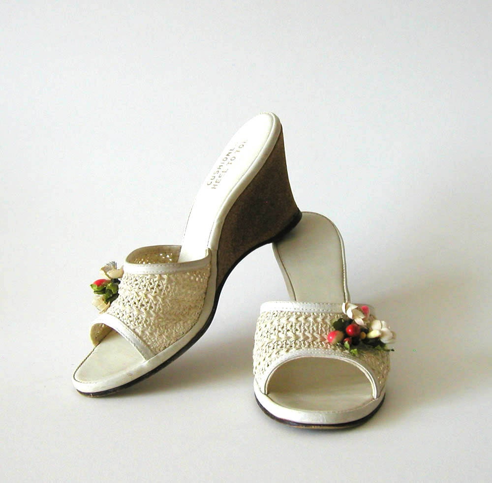50s Pinup Wedge Sandals Peep Toe Vintage Platforms 1950s Dress Shoes High Heels 6 6.5