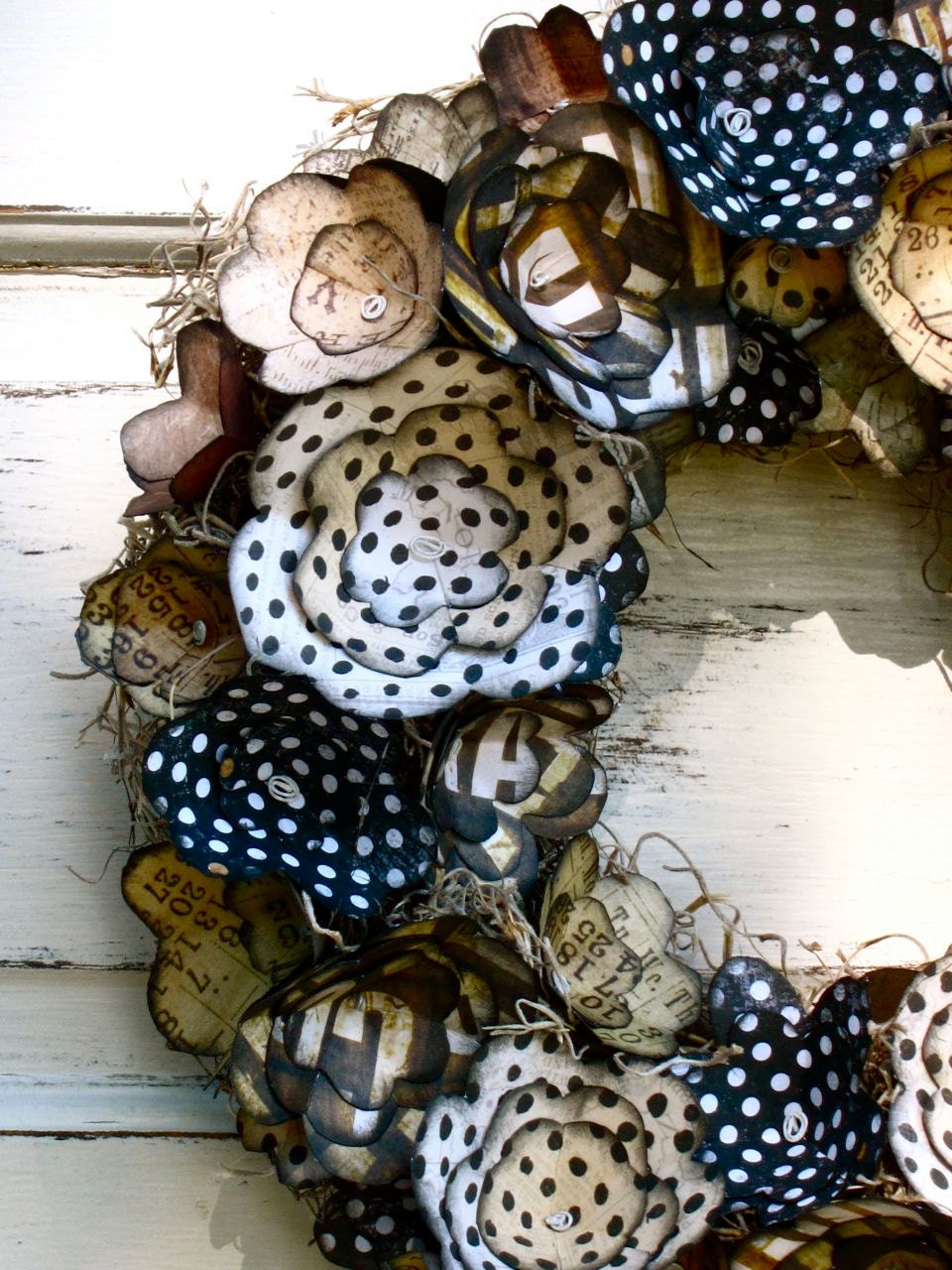 Black, white, cream, beige, paper flower wreath