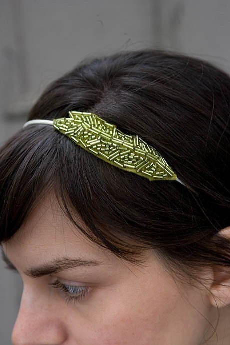 Green Feather/Leaf Hand Beaded Headband/Fascinator