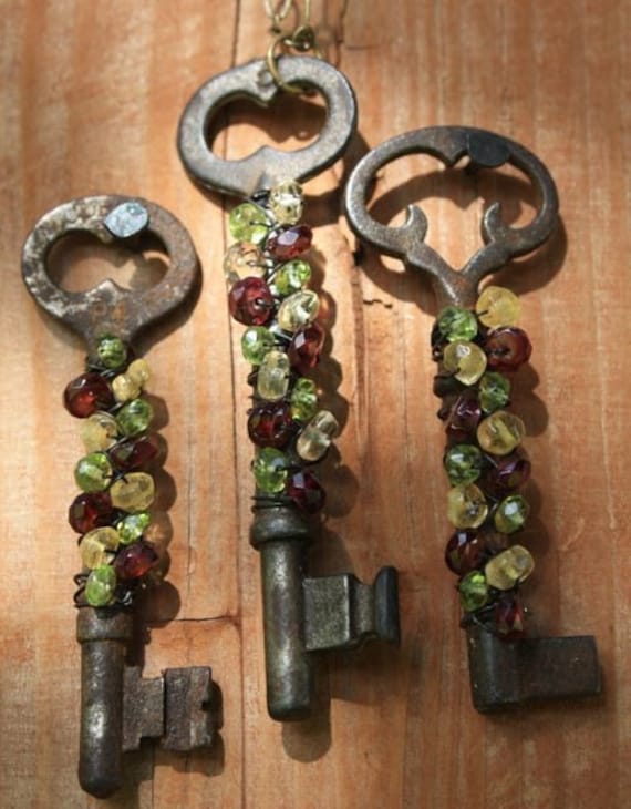 Antique Gemstone Wrapped Skeleton Key Necklaces - 1 available