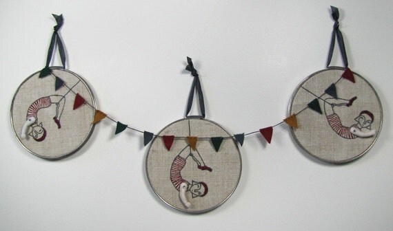 daring young girl on the flying trapeze- embroidery in red and charcoal