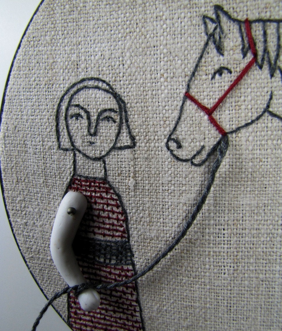 hand embroidery-girl and her horse no. 3 in charcoal gray and deep red