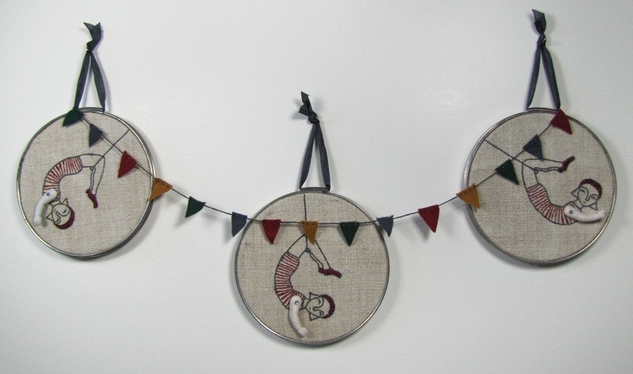 daring young girl on the flying trapeze- embroidery in red and charcoal