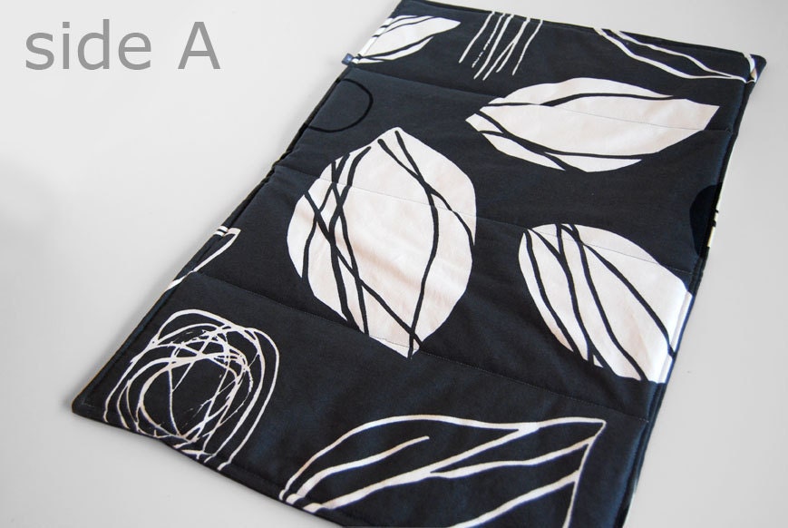 Modern Cat Mat in charcoal grey with white and black botanical pattern