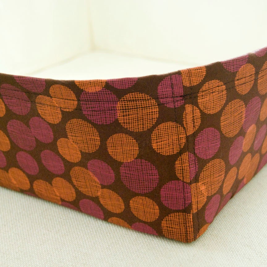 Modern Cat Bed in brown and bone with orange and pink geometric circle pattern (12" square)