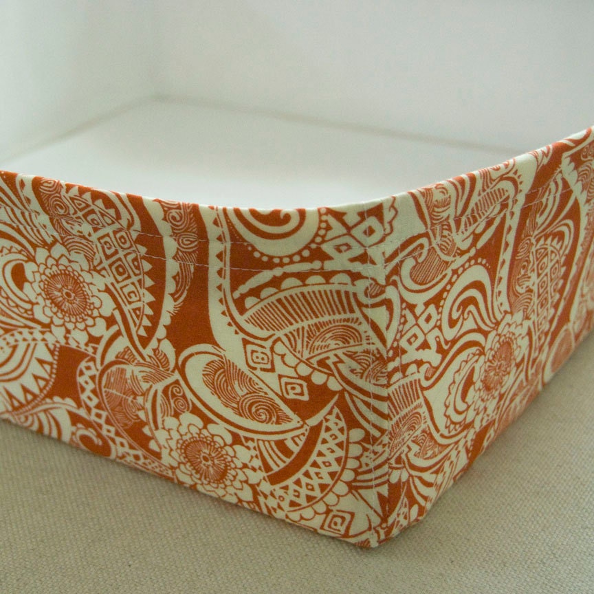 Modern Cat Bed in orange and cream paisley pattern with white inside (12" square)
