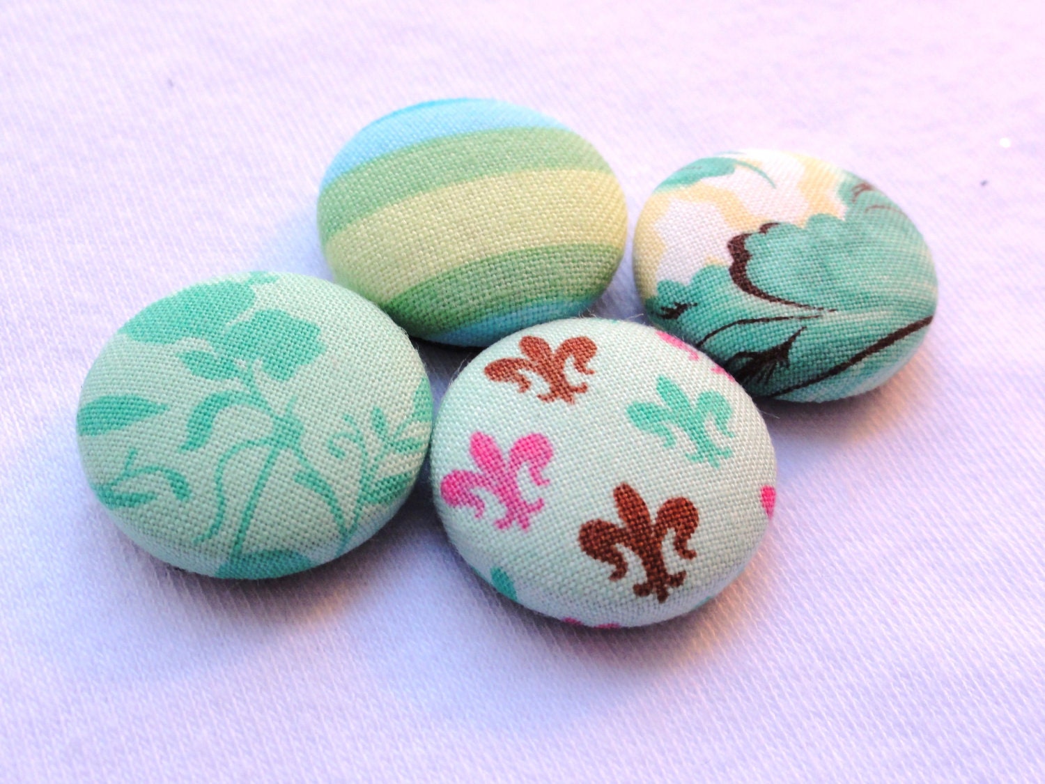 Mint Green Floral Fabric Covered Button Magnets (set of 4) Fleur De Lis