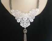 Lace necklace tassle necklace silver locket necklace silver chain necklace bib necklace statement necklace lace and chain-Jet'aime Necklace