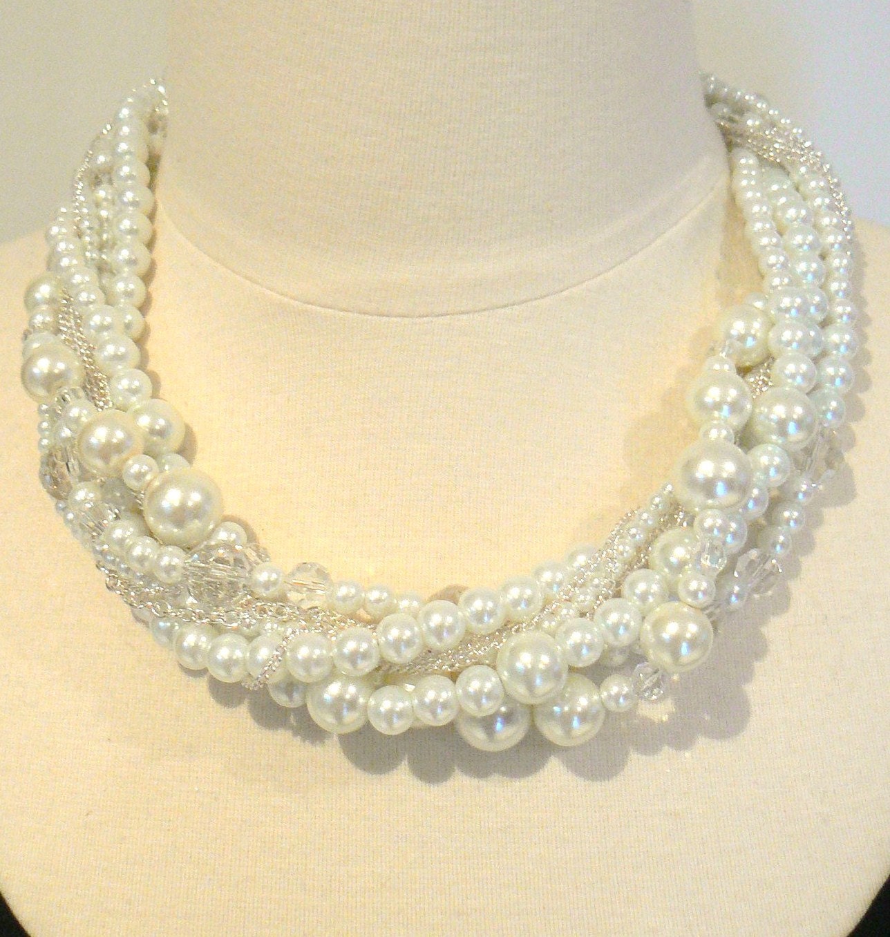 Twisted pearl cluster necklace bridal necklace pearls and chain white and cream pearls bridal statement necklace- Pure Love necklace