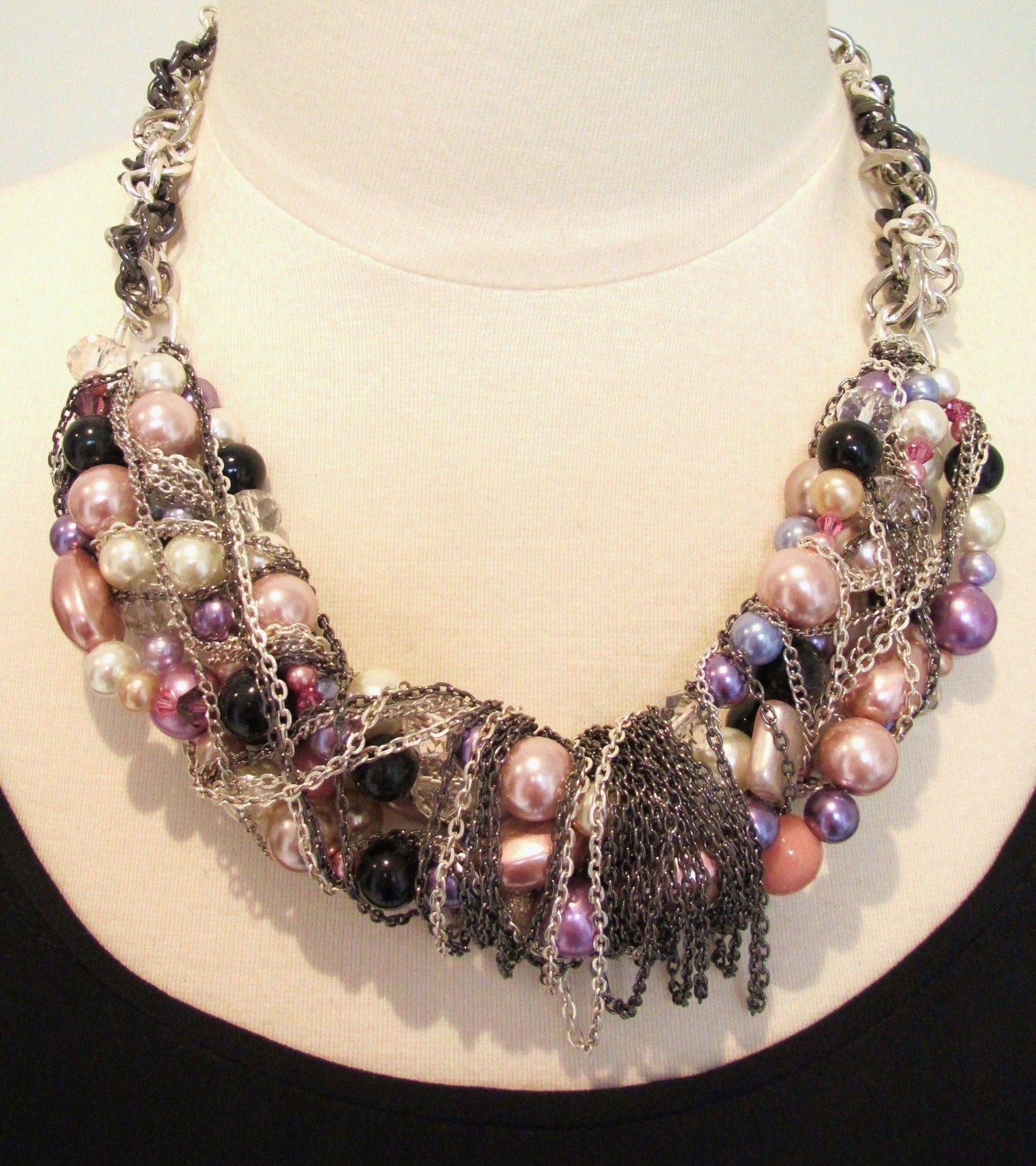 Statement necklace chunky chain necklace twisted chain and bead necklace cluster necklace pink  purple silver black- Celebration Necklace