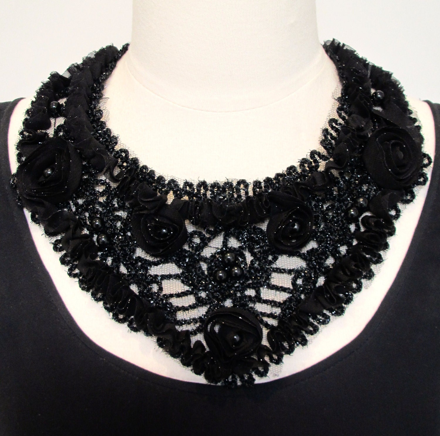 Statement necklace bib necklace black lace necklace applique necklace pearl necklace ribbon necklace evening-Midnight Garden Necklace