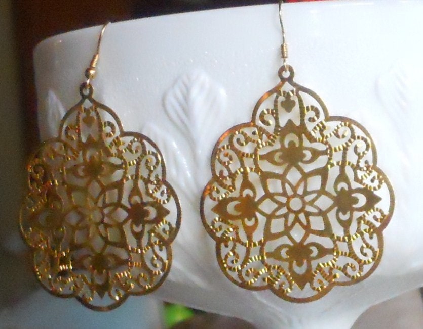 Gold Filigree Earrings--Large