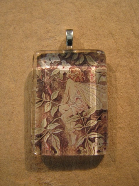 Jasmine Flower Fairy Cicely Mary Barker Small Flat Rectangle Glass Pendant with 24" Ball Chain Necklace