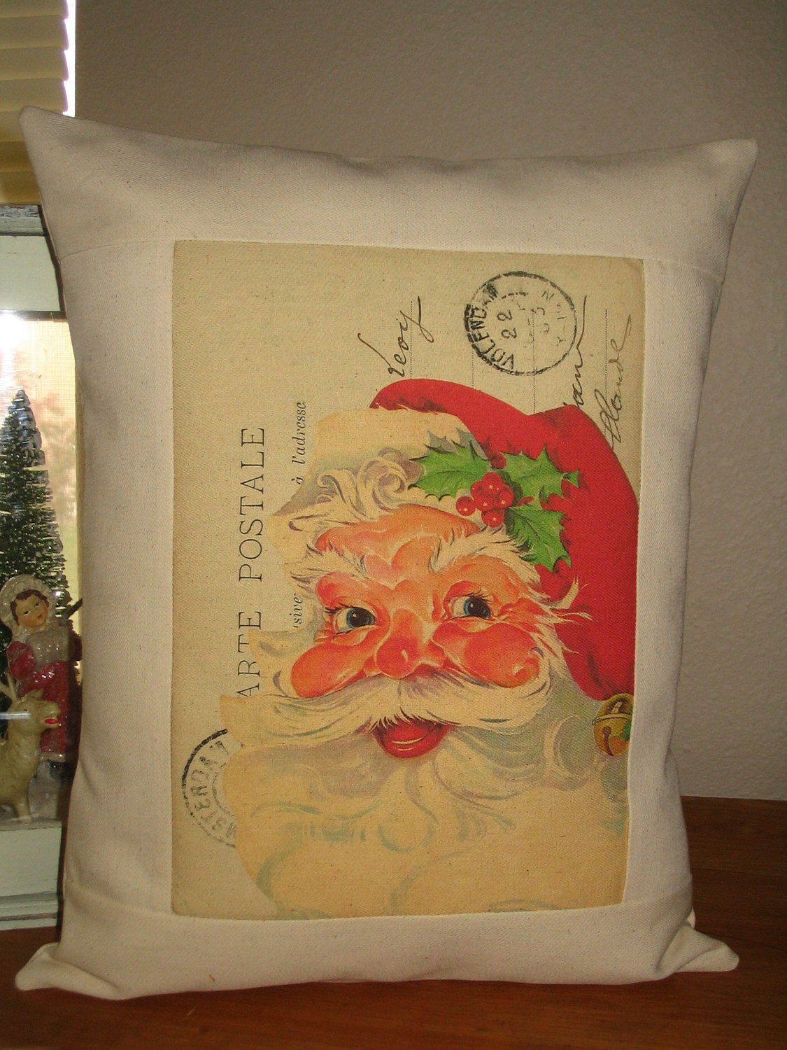 Christmas Pillow - Vintage Carte Postal Santa Claus Throw Pillow