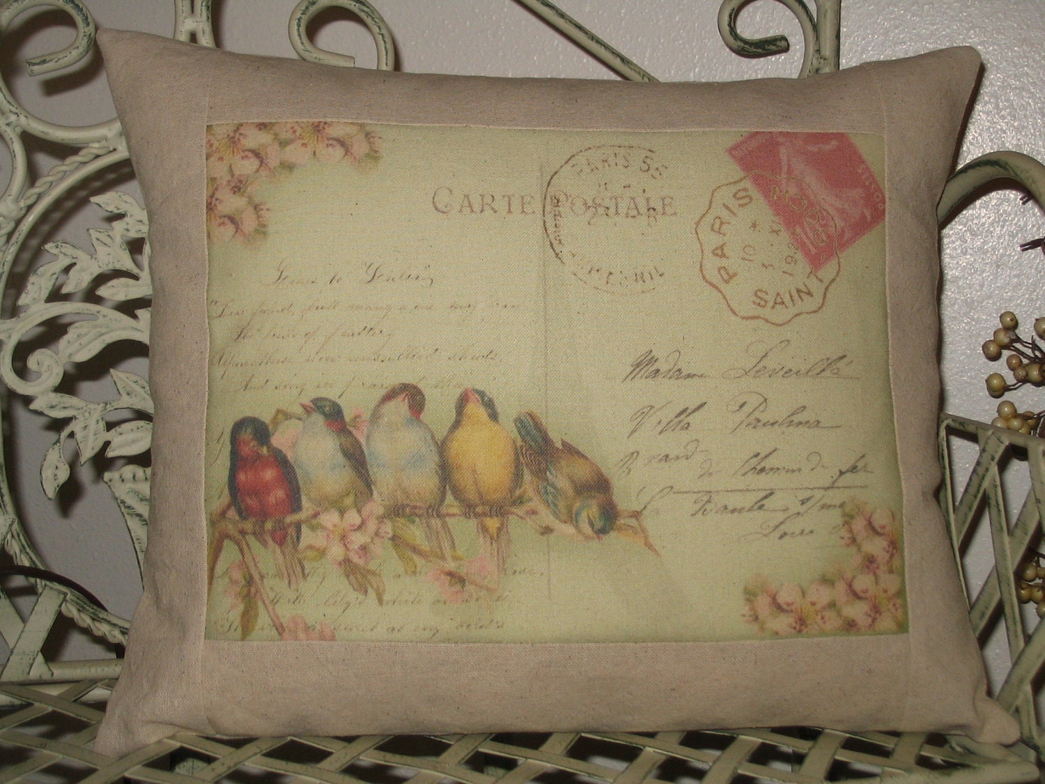 Rainbow of French Birds Carte Postale  Bird Pillow - Vintage Green Background