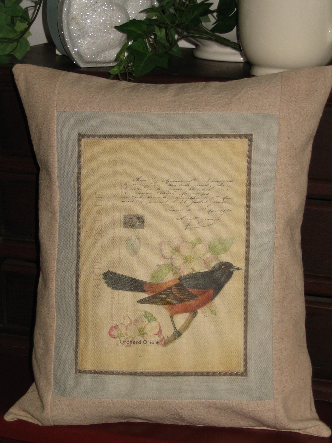 French Carte Postale Bird Pillow Cover Throw Pillow