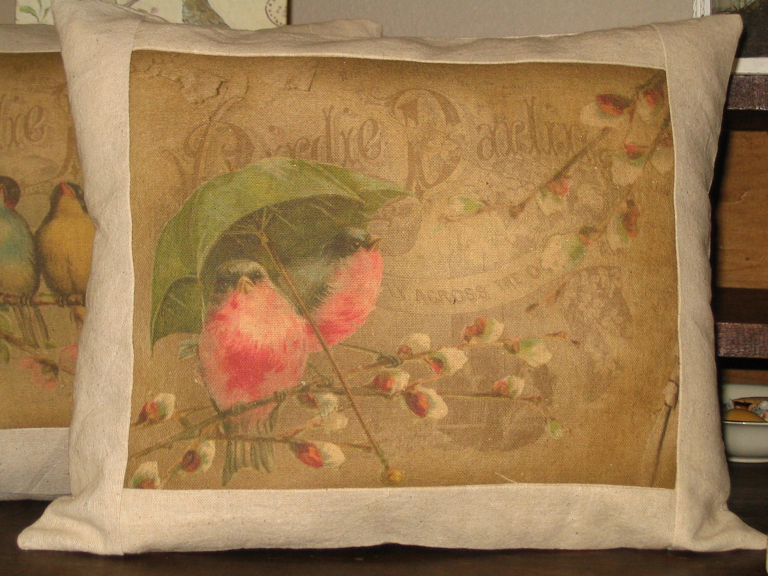 French Bird Postcard Pillow Vintage Style Brown Throw Pillow Decorative Cushion French Postcard Red Robin Bird Cottage Chic Decor