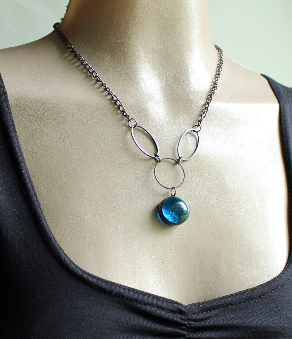 Stained Glass Jewelry Necklace - Aqua Cab Chain Drop