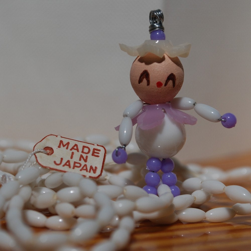 bead doll charm pendant ornament - vintage beads - wire wrapped - hand painted face - lucite - retro style - shabby chic