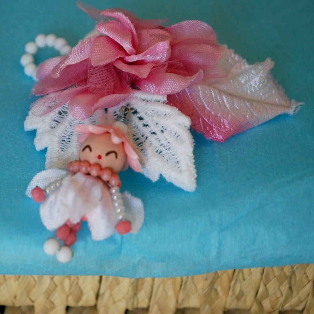 handmade spring pin brooch corsage - vintage beads lace - wire wrapped - little doll charm - pink white - hand painted face - lucite glass wood ribbon - retro style - shabby chic