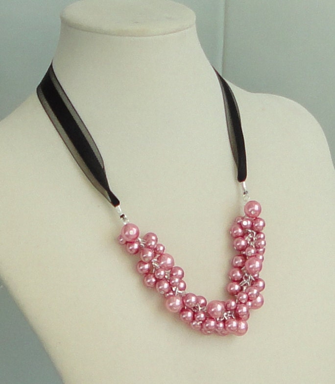 BRIDESMAID GIFT Hot Pink Pearl & Black Ribbon  WEDDING Bridal Necklace