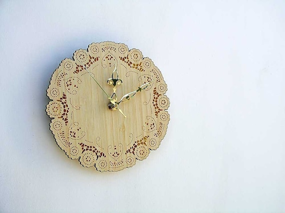 rustic cottage chic bamboo doily clock with brass hands