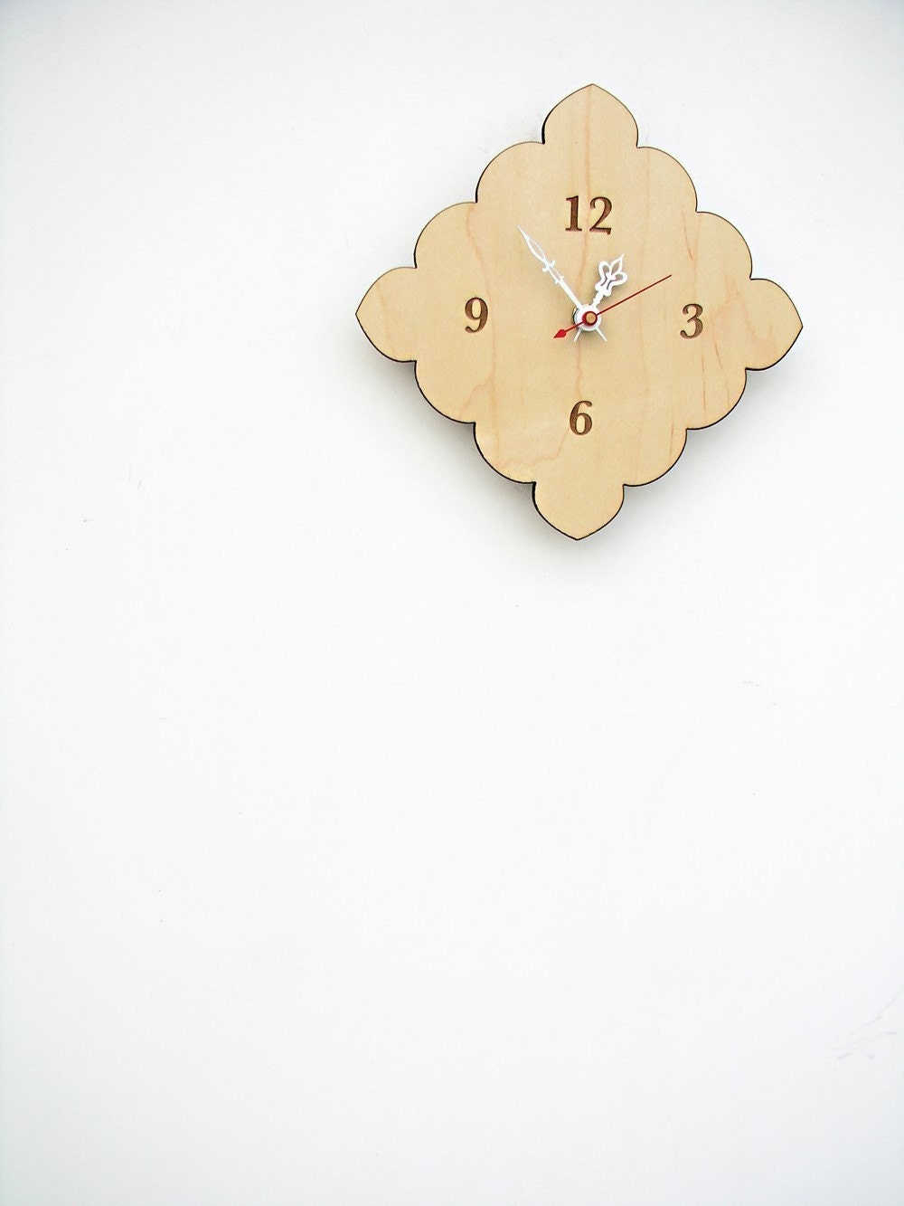 kitchen clock -  tiny scallop clock - scarlet, light blue, natural birch
