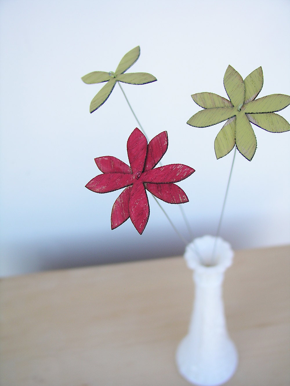 wood flowers - set of SIX - choose from aqua chartreuse red tangerine