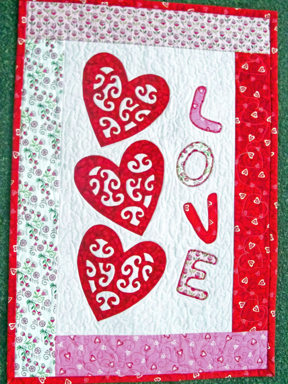Applique Scroll Hearts Fiber Art Quilted Wall Hanging