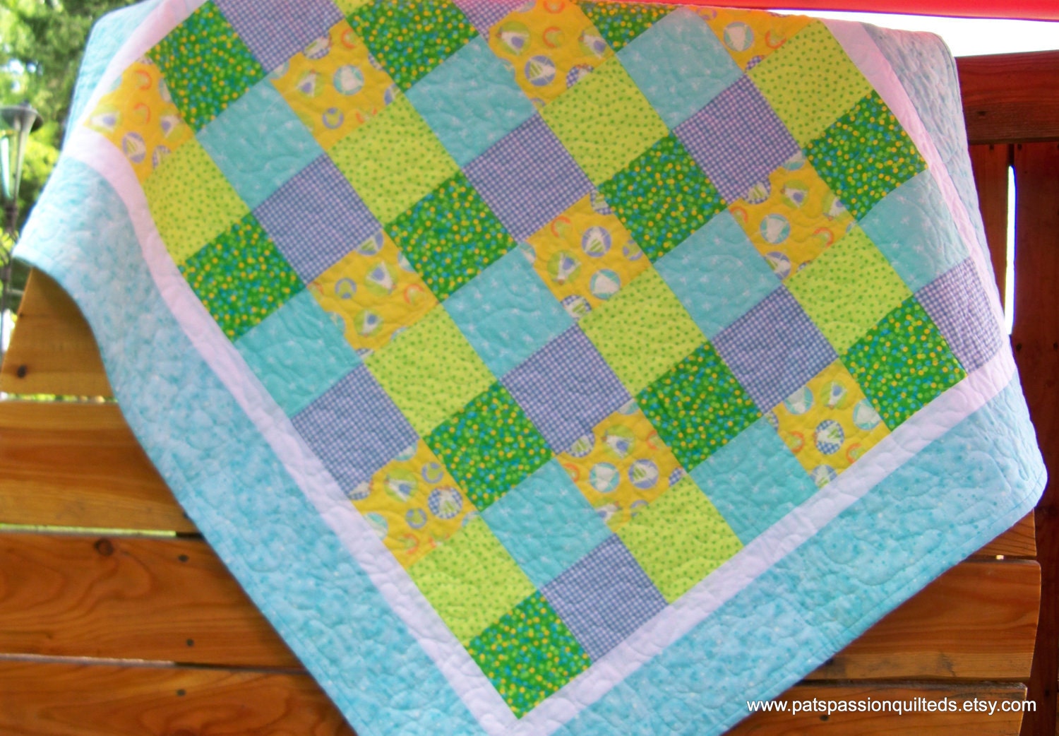 Baby Boy Patchwork Quilt or Crib Quilt with Minky Backing Blues Yellows Aqua Greens Frogs