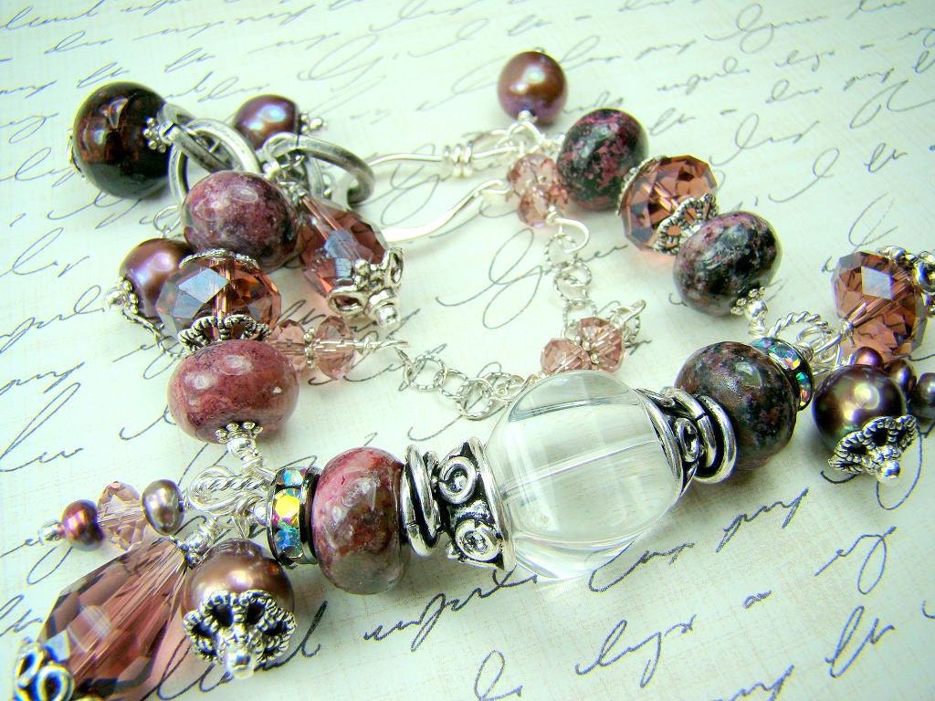 Plum gemstone bracelet, chunky pearl crystal charm bracelet,  double strand beaded  bracelet,...SUGAR PLUM