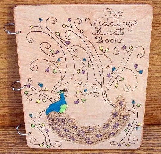 Wedding Guest Book Peacock Wood Burned Design