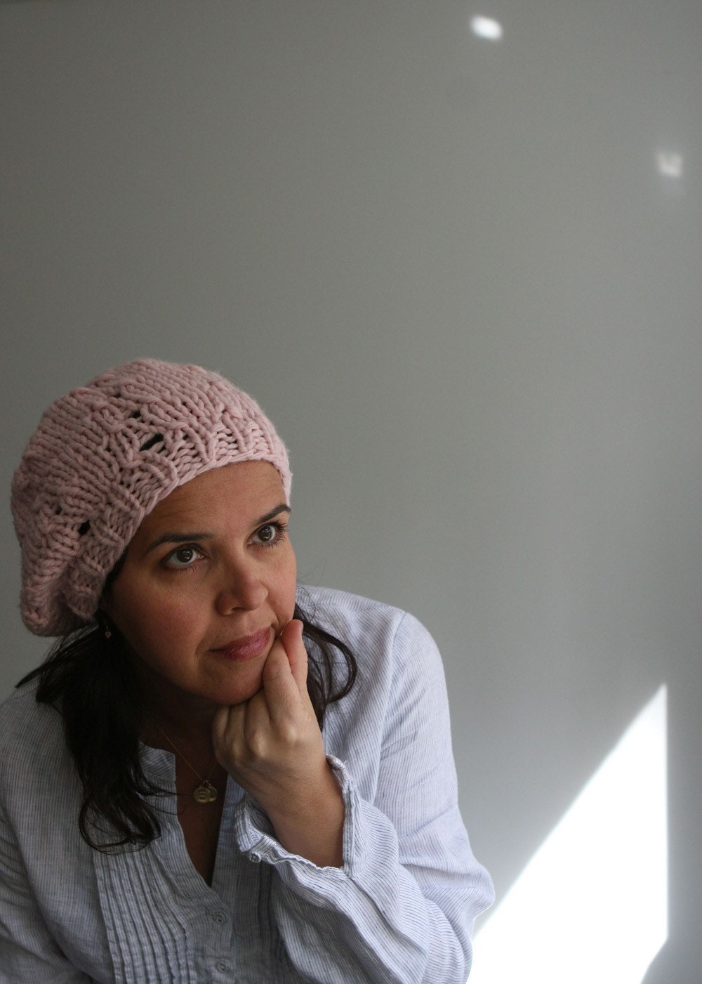 Hand Knit Slouchy Beret with Eyelet Pattern. Soft Merino Wool, in Blossom.