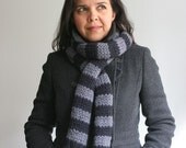Hand Knit Scarf, Striped and Long. Soft Merino Wool, in Slate and Black