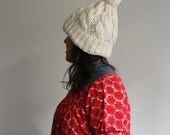 Hand Knit, Folded Brim Hat with Cables and Pom Pom. Soft Merino Wool, in Undyed Soft White.