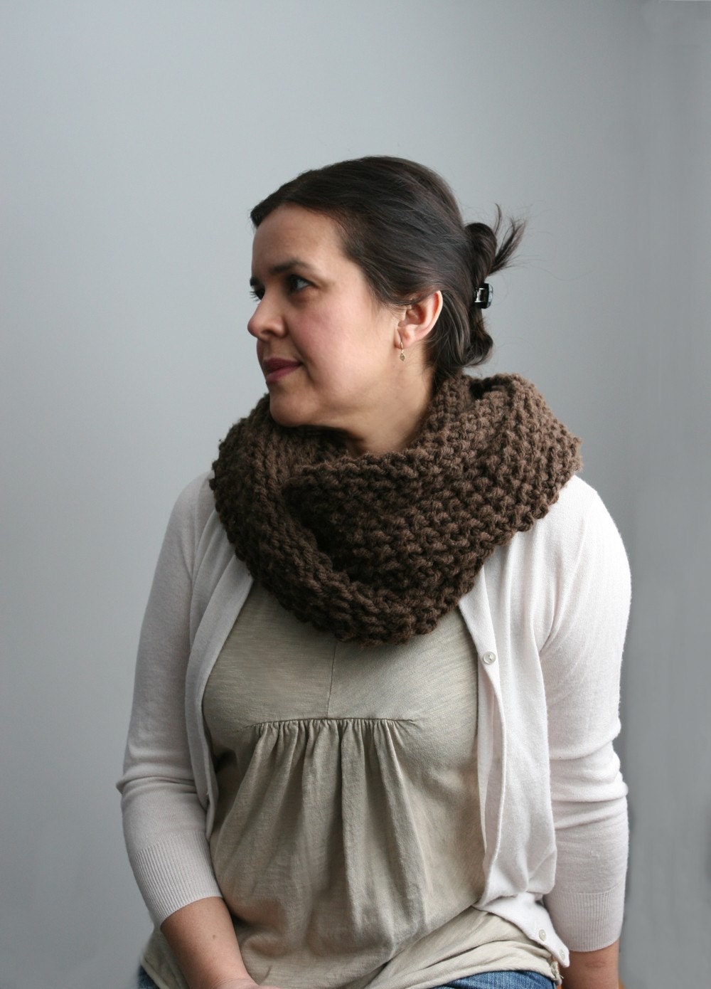 Hand Knit, Warm and Wide Cowl. Soft Merino Wool in Eco Friendly, Undyed Chocolate Brown.