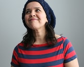 Hand Knit Slouchy Beret with Eyelet Pattern. Soft Merino Wool, in Navy