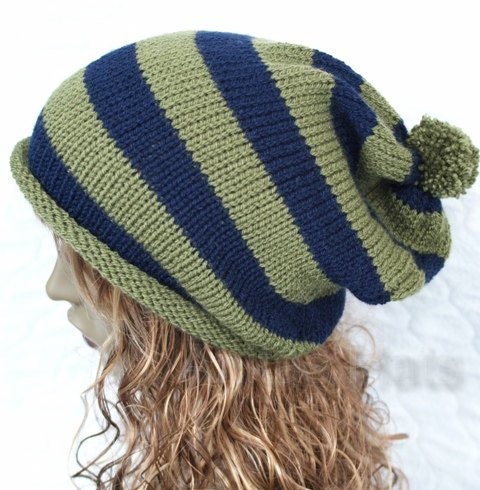 Slouchy Knitted Pompom Hat Navy and Khaki