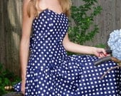 SALE 1980s Handmade Strapless Polka Dot Party Dress with Bustle