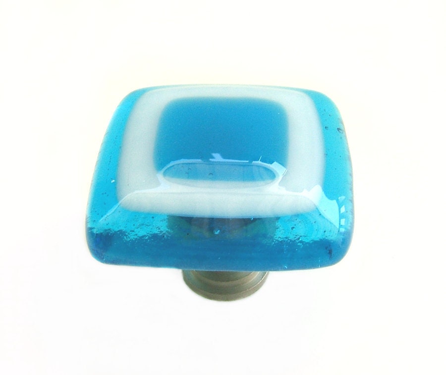 Deep Turquoise Aqua White Fused Art Glass Knob Hardware