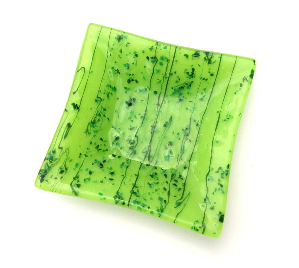 Grass or Lime Green with Forest Green Confetti Fused Glass Dish - UneekGlassFusions