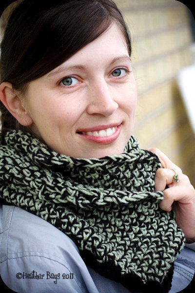 Large Crocheted Cowl Scarf. Sage Green and Black.