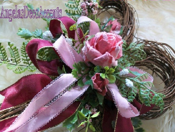 Hearts Delight Faux Floral and Greens Pink Rose Chic Wreath 246 d